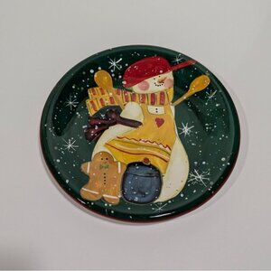 Certified International Hand-Painted Snowman Holiday Plate Green Christmas